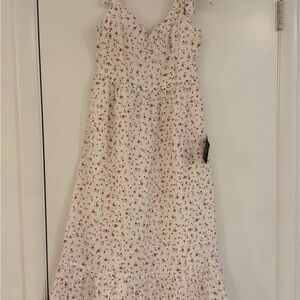 Lulus Floral Tie-Strap Midi Dress Cream Red Floral Sleeveless